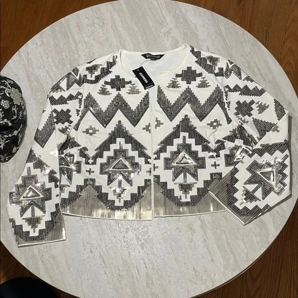 NWT Express Sequin Bronze Gold Ivory Stretch Open Drape Light Crop Blazer *S - Picture 1 of 6